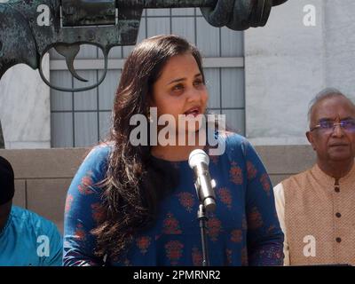 New York, USA. 14th Apr, 2023. New York, United Nations Prayer for Peace event held at the Knotted Gun Sculpture.Ms. Jayathma Wickramanayake UN Secretary - General's Envoy on Youth (Credit Image: © Bruce Cotler/ZUMA Press Wire) EDITORIAL USAGE ONLY! Not for Commercial USAGE! Credit: ZUMA Press, Inc./Alamy Live News Stock Photo