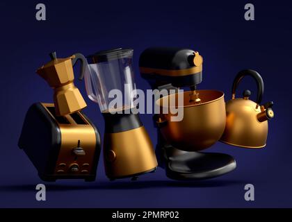 Electric kitchen appliances and utensils for making breakfast on violet  background. 3d render of kitchenware for cooking, baking, blending and  whippin Stock Photo - Alamy