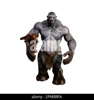 Fantasy mythical troll creature from Scandinavian folklore holding a large club weapon. 3D illustration isolated on a white background. Stock Photo