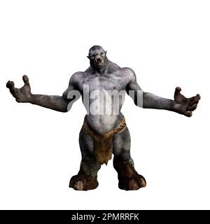 Fantasy mythical troll creature from Scandinavian folklore standing with arms spread wide. 3D illustration isolated on a white background. Stock Photo