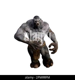 Fantasy mythical troll creature from Scandinavian folklore charging toward the camera. 3D illustration isolated on a white background. Stock Photo