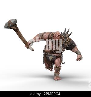 Giant fantasy ogre running in armour and holding a club weapon. 3D illustration isolated on a white background. Stock Photo