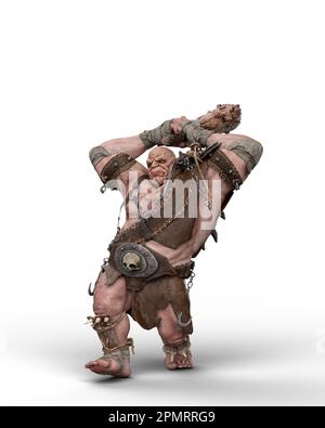 Ogre wearing battle armour and holding a weapon in both hands ready to smash his enemy. 3D illustration isolated on a white background. Stock Photo