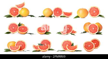 Set of many ripe grapefruits on white background Stock Photo