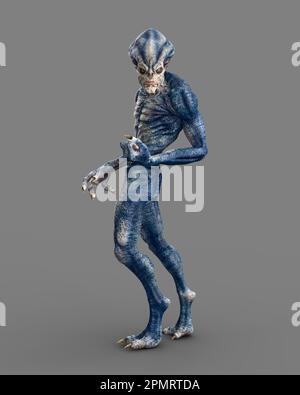 Blue grey humanoid alien creature looking back in aggressive pose. 3D rendering isolated on grey. Stock Photo