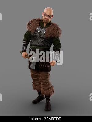 Medieval Norse Viking warrior man standing in aggressive pose with warpaint on his face and a bearded axe in his hand. 3D rendering isolated on grey b Stock Photo