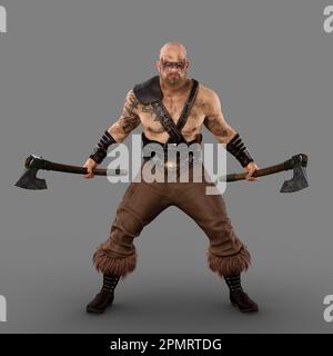 Fierce barbarian viking warrior man with tattoos and war paint standing with a bearded axe in each hand ready for battle. 3d illustration isolated on Stock Photo