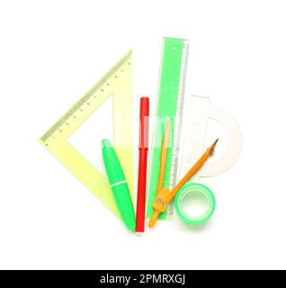 Colorful stationery supplies on white background Stock Photo