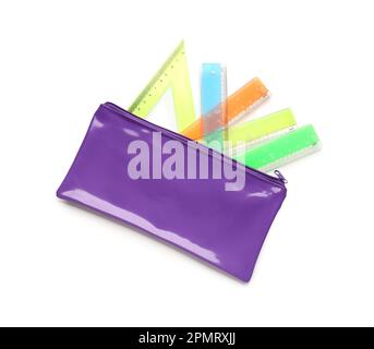 Colorful rulers and pencil case on white background Stock Photo - Alamy