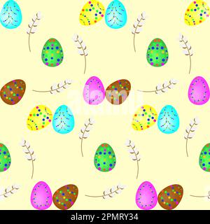 Multi-colored decorated Easter eggs and willow branches on a light background. Seamless festive vector pattern. Stock Vector