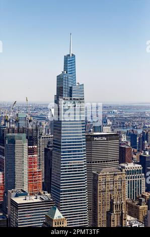 View on high: Supertall One Vanderbilt’s tapered tower is clad in terra cotta and glass. Its observation decks are dubbed “The Summit.” Stock Photo