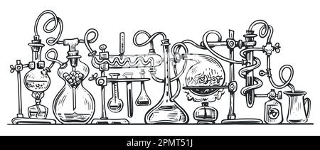 Lab flasks connected with test tubes. Chemical laboratory experiment. Laboratory graduated glassware sketch vector Stock Vector