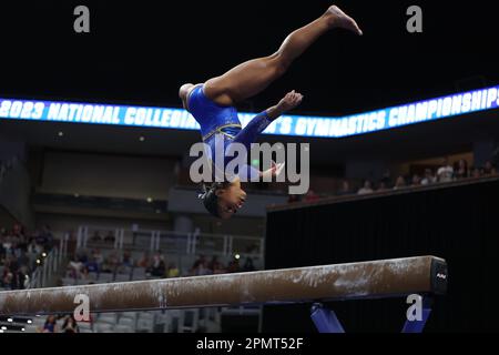 April 13, 2023: Jordan Chiles (UCLA) during the 2023 NCAA National Collegiate Women's Gymnastics Championships Semifinal 2 at Dickies Arena in Fort Worth, Texas. Melissa J. Perenson/Cal Sport Media Stock Photo