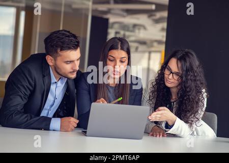 Business team collaborating on project together, using laptops. Business colleagues in casual working together in contemporary office space. Stock Photo