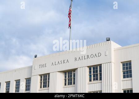 The Alaska Railroad depot in downtown Anchorage, Alaska. The Moderne