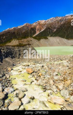 Mueller lake of melting glaciers in Mt Cook national park of Australia - Hooker Valley track. Stock Photo