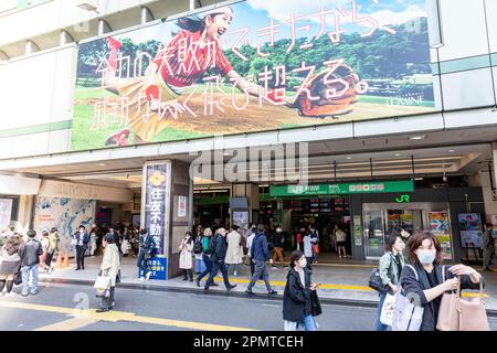 Shinjuku Tokyo April 2023, JR Shinjuku railway station with commuters accessing the railway station,Tokyo,Japan,Asia Stock Photo