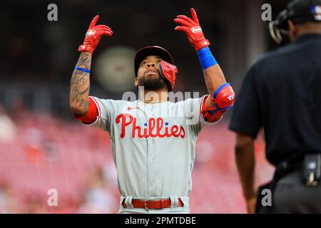 Philadelphia Phillies' Edmundo Sosa gestures from second base