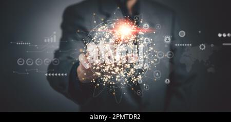 businessman touching global network connection and data exchanges Influencer marketing concept, Big data, Blockchain, social network diagram, Innovati Stock Photo