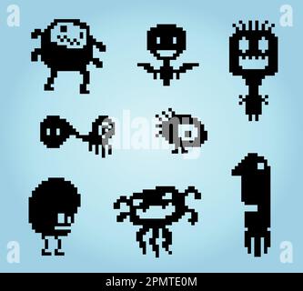 Doodles 8-bit pixel monster, illustration of pixel art vector. Cute creature doodle set. Stock Vector