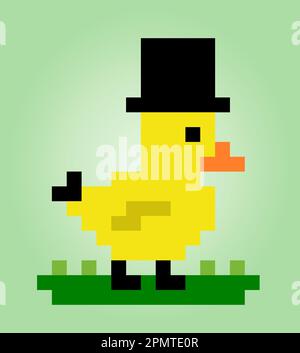 8-bit duck wearing hat pixels. Animal game assets in vector illustrations. Stock Vector