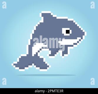 8 bit pixel dolphins. Animals for asset games in vector illustrations. Cross Stitch pattern. Stock Vector