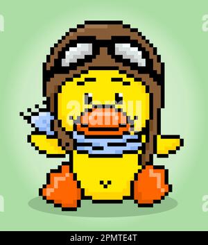 8-bit pixel duck wearing a pilot uniform. Animal game assets in vector illustrations. Stock Vector