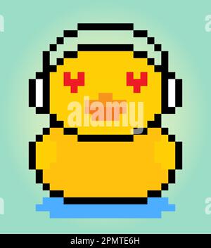 8-bit duck pixels are swimming. Animal game assets in vector illustrations. Stock Vector