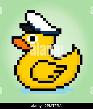 8-bit duck wearing captain hat pixels. Animal game assets in vector illustrations. Stock Vector