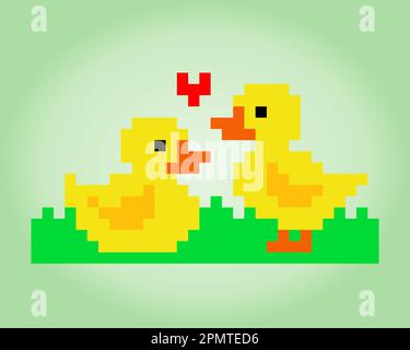 8-bit pixel duck couple fall in love. Animal game assets in vector illustrations. Stock Vector