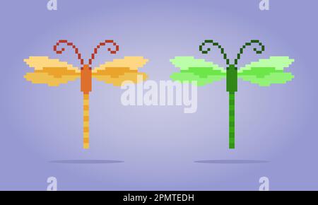 Pixel 8 bit dragonfly. Animal pixels for game assets in vector illustration. Stock Vector