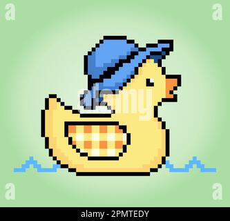 8-bit duck wearing hat pixels. Animal game assets in vector illustrations. Stock Vector