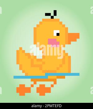8-bit duck pixels are swimming. Animal game assets in vector illustrations. Stock Vector