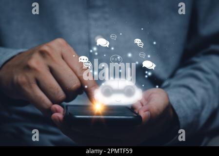 businessman using smart phone chatting with a smart AI or artificial intelligence. Digital technology robot information concept Stock Photo