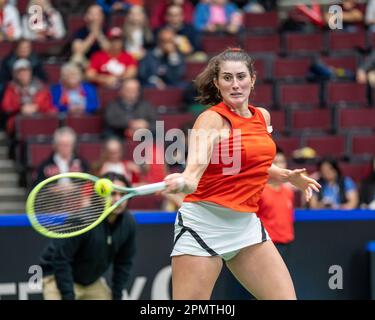 Vancouver, Canada. 14th April, 2023. Rebecca Marino of Canada in action against Ysaline Bonaventure of Belgium during the Billie Jean King Cup at Pacific Coliseum. Credit: Joe Ng/Alamy Live News Stock Photo