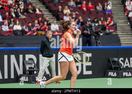 Vancouver, Canada. 14th April, 2023. Rebecca Marino of Canada in action against Ysaline Bonaventure of Belgium during the Billie Jean King Cup at Pacific Coliseum. Credit: Joe Ng/Alamy Live News Stock Photo