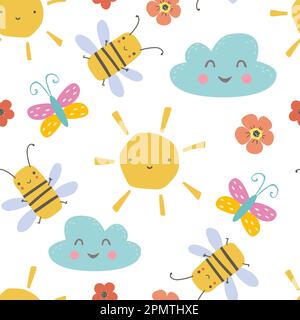 Colorful seamless pattern with funny bees, butterflies and clouds. Background with cute childrens drawings. Stock Vector