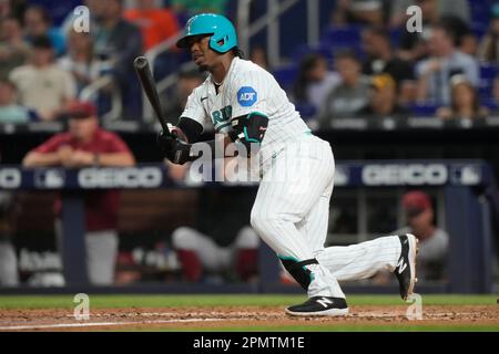 Miami Marlins' Jean Segura bats during the fifth inning of a baseball game  against the Cleveland Guardians, Sunday, April 23, 2023, in Cleveland. (AP  Photo/Nick Cammett Stock Photo - Alamy