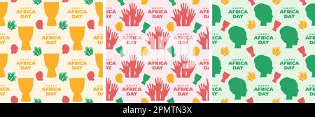 Set of Happy Africa Day Seamless Pattern Design with Culture African Tribal Figures Decoration in Template Hand Drawn Cartoon Flat Illustration Stock Vector