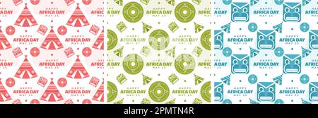 Set of Happy Africa Day Seamless Pattern Design with Culture African Tribal Figures Decoration in Template Hand Drawn Cartoon Flat Illustration Stock Vector