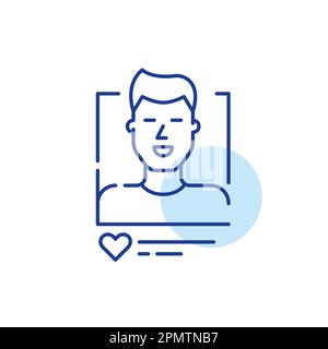 Handsome smiling man dating app profile. Receiving likes. Pixel perfect, editable stroke icon Stock Vector