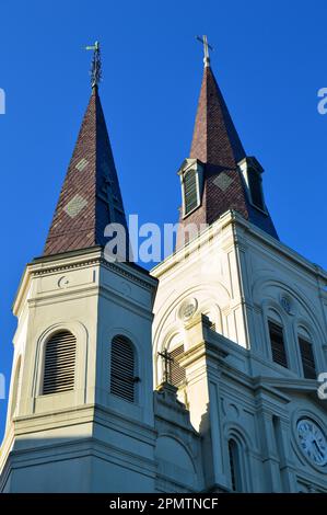 New Orleans, LA, USA June 9, 2017 The spires of the St Louis Cathedral in New Orleans rise over the French Quarter and Jackson Square Stock Photo