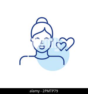 Romantic attraction. Young woman and two hearts symbol of love. Pixel perfect, editable stroke line icon Stock Vector