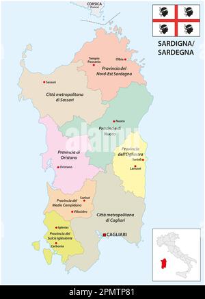 New administrative map of the Italian Mediterranean island of Sardinia, 2021 Kopie Stock Photo