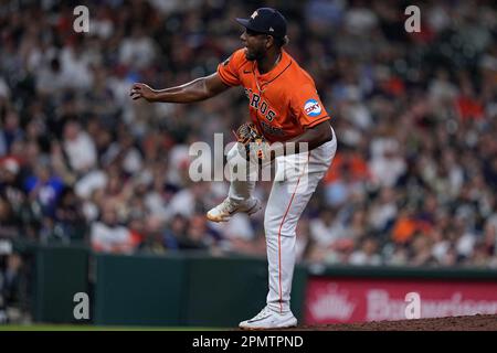 Houston Astros relief pitcher Ronel Blanco looks skyward after a double  play ball during the ninth inning of a baseball game against the San  Francisco Giants, Tuesday, May 2, 2023, in Houston. (