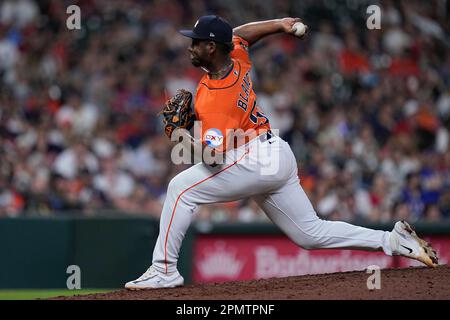 Houston Astros relief pitcher Ronel Blanco looks skyward after a double  play ball during the ninth inning of a baseball game against the San  Francisco Giants, Tuesday, May 2, 2023, in Houston. (