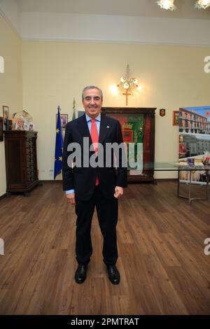 Pagani, Salerno, Italy. 14th Apr, 2023. Pagani, Salerno, Italy - April 14, 2023 : Seen the Senator, Maurizio Gasparri, to the Municipality of Pagani to attend the opening of the doors of the Sanctuary of the Madonna delle Galline, an ancient feast held on Sunday after Easter. To welcome him in Pagani on April 14, 2023, the Mayor of the city, Lawyer Raffaele Maria De Prisco. In memory of the feast was offered to the Vice President of the Senate, Maurizio Gasparri, a small statue depicting the image of the Madonna delle Galline, created by the pagan artist, Maestro Alfonso Pepe.In the photo Stock Photo