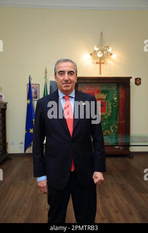 Pagani, Salerno, Italy. 14th Apr, 2023. Pagani, Salerno, Italy - April 14, 2023 : Seen the Senator, Maurizio Gasparri, to the Municipality of Pagani to attend the opening of the doors of the Sanctuary of the Madonna delle Galline, an ancient feast held on Sunday after Easter. To welcome him in Pagani on April 14, 2023, the Mayor of the city, Lawyer Raffaele Maria De Prisco. In memory of the feast was offered to the Vice President of the Senate, Maurizio Gasparri, a small statue depicting the image of the Madonna delle Galline, created by the pagan artist, Maestro Alfonso Pepe.In the photo Stock Photo