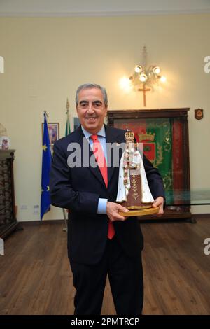 Pagani, Salerno, Italy. 14th Apr, 2023. Pagani, Salerno, Italy - April 14, 2023 : Seen the Senator, Maurizio Gasparri, to the Municipality of Pagani to attend the opening of the doors of the Sanctuary of the Madonna delle Galline, an ancient feast held on Sunday after Easter. To welcome him in Pagani on April 14, 2023, the Mayor of the city, Lawyer Raffaele Maria De Prisco. In memory of the feast was offered to the Vice President of the Senate, Maurizio Gasparri, a small statue depicting the image of the Madonna delle Galline, created by the pagan artist, Maestro Alfonso Pepe.In the photo Stock Photo