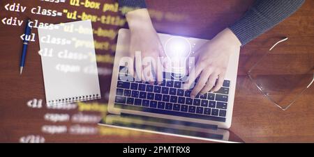 girl programmer at home writes programming code script on virtual Stock Photo